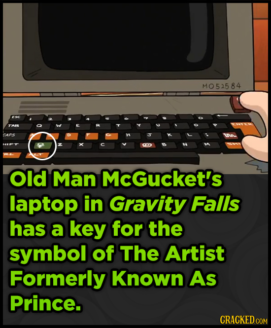 MO52584 ESC TAR CAPS Old Man McGucket's laptop in Gravity Falls has a key for the symbol of The Artist Formerly Known As Prince.