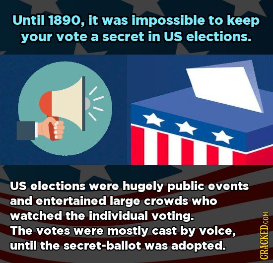 Until 1890, it was impossible to keep your vote a secret in US elections. US elections were hugely public events and entertained large crowds who watc