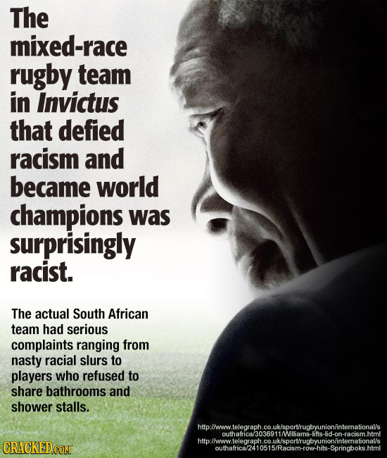 The mixed-race rugby team in Invictus that defied racism and became world champions was surprisingly racist. The actual South African team had serious