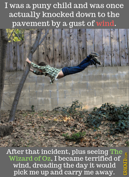 I was a puny child and was once actually knocked down to the pavement by a gust of wind. After that incident, plus seeing The Wizard of Oz, I became t