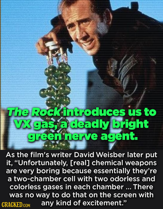 The Rock introduces Us to VX gas, a deadly bright green nerve agent. As the film's writer David Weisber later put it, Unfortunately, chemical
