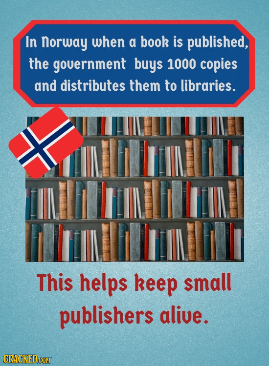 In norway when a book is published, the government buys 1000 copies and distributes them to libraries. This helps keep small publishers alive. CRACKED