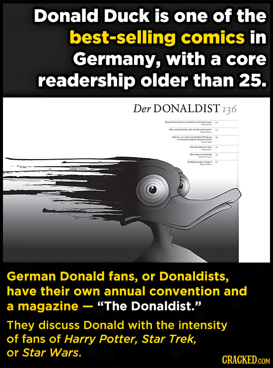 Donald Duck is one of the best-selling comics in Germany, with a core readership older than 25. Der DONALDISTI I36 nt 58 a German Donald fans, or Dona