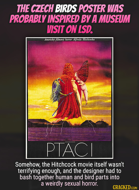 THE CZECH BIRDS POSTER WAS PROBABLY INSPIRED BY A MUSEUM VISIT ON LSD. Americky filmouy horror Alfreda Hitchoocka PTACI Somehow, the Hitchcock movie i