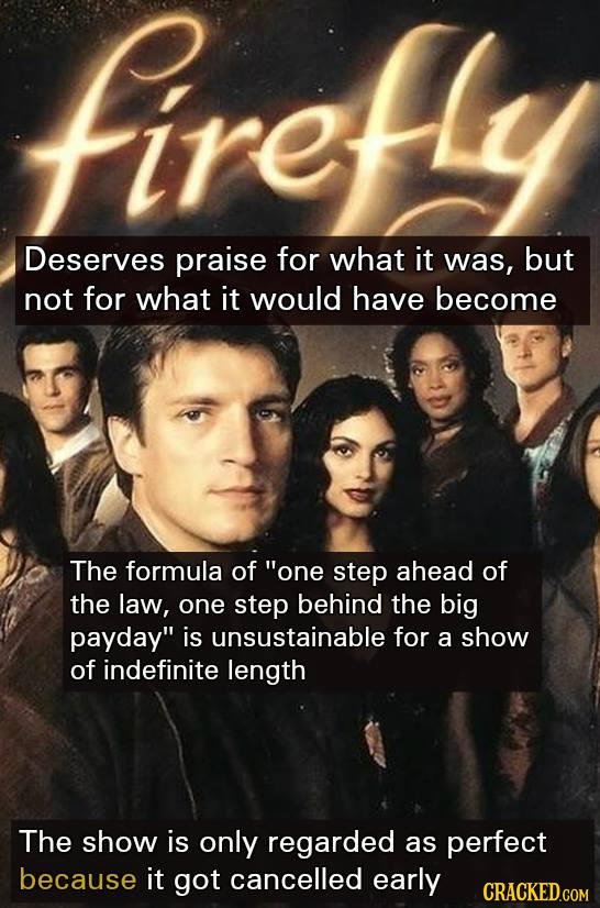 firefly Deserves praise for what it was, but not for what IT would have become The formula of one step ahead of the laW, one step behind the big payd
