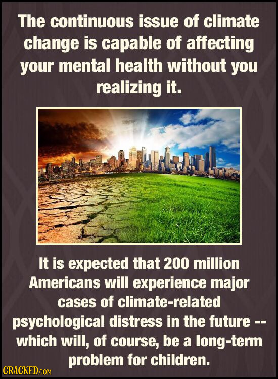 The continuous issue of climate change is capable of affecting your mental health without you realizing it. It is expected that 200 million Americans
