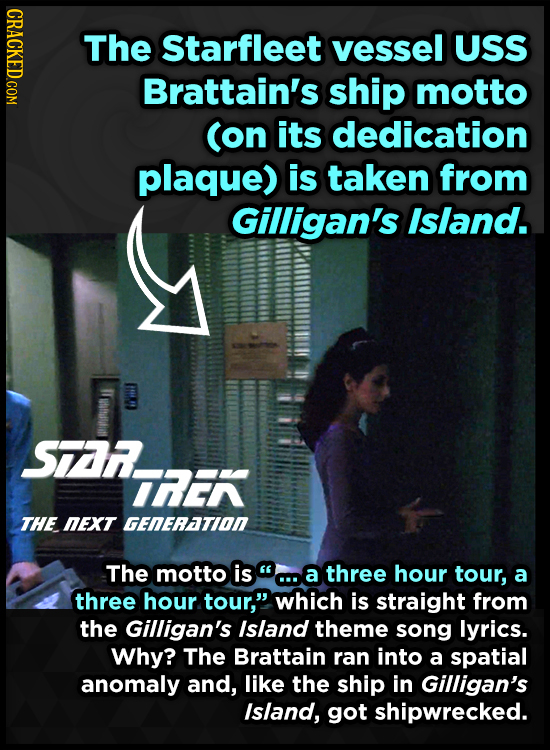 CRACKED.COM The Starfleet vessel USS Brattain's ship motto (on its dedication plaque) is taken from Gilligan's Island. SAR IRER THE NEXT GENERATION Th