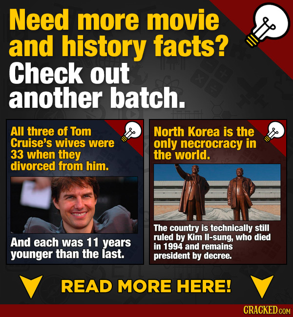 Need more movie and history facts? Check out another batch. All three of Tom North Korea is the Cruise's wives were only necrocracy in 33 when they th