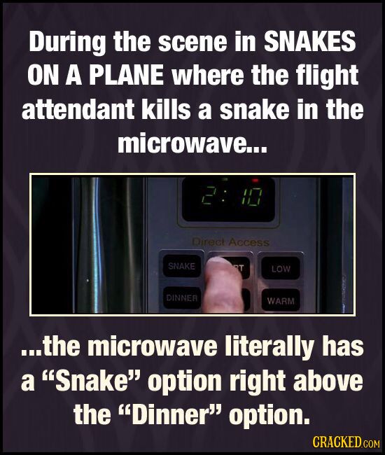 During the scene in SNAKES ON A PLANE where the flight attendant kills a snake in the microwave... Direct Access SNAKE LOW DINNEA WARM ...the microwav