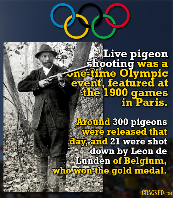 C Live pigeon shooting was a one-time Olympic event, featured at the 1900 games in Paris. Around 300 pigeons were released that day, and 21 were shot