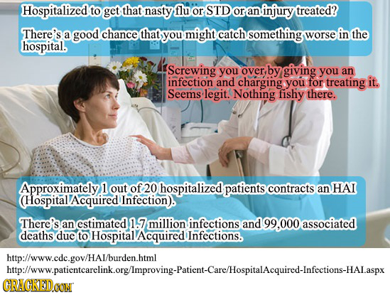 Hospitalized to get that nasty flu or STD or an injury treated? There's a good chance that you might catch something worse in the hospital. Screwing y