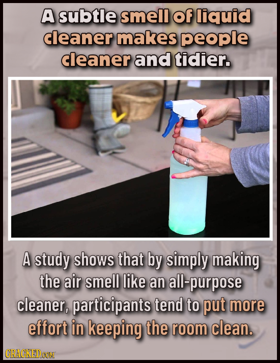 A subtle smell Of liquid cleaner makes people cleaner and tidier. A study shows that by simply making the air smell like an purpose cleaner, participa