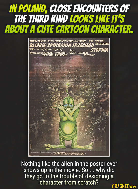 IN POLAND, CLOSE ENCOUNTERS OF THE THIRD KIND LOOKS LIKE IT'S ABOUT A CUTE CARTOON CHARACTER. AMERYKANSKI FILM FANTASTYCZNO-NAUKOWY REZ.:STEVEN BLISKI