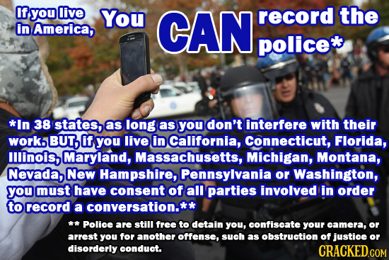 If you live You CAN record the in America, police *In 38 states, as long as you don't interfere with their worko BUT, if you live in California, Conne