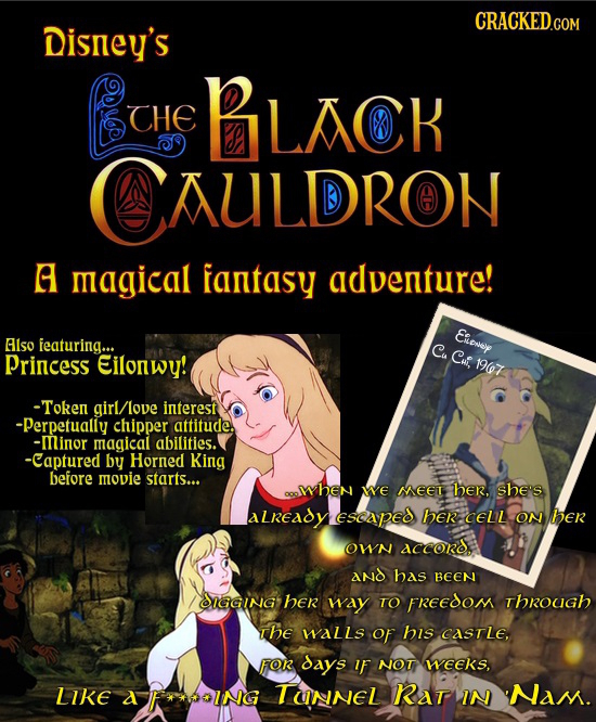 CRACKEDcO Disney's CHE LACK AULDRON A magical fantasy adventure! Eioney Glso featuring... Cu Princess Eilonwy! Cu, 1967 -Token girl/love interest -Per
