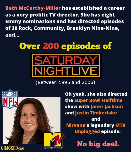 Beth Mccarthy-Miller has established a career as a very prolific TV director. She has eight Emmy nominations and has directed episodes of 30 Rock, Com