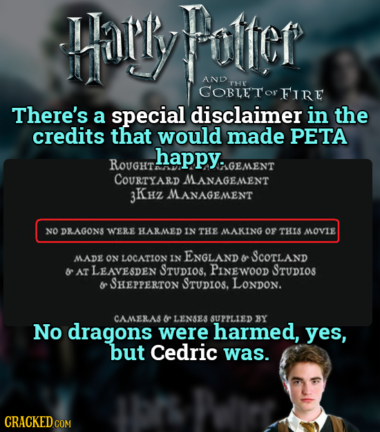 Harly Foffer AND THE GOBltTor FIRE There's a special disclaimer in the credits that would made PETA happy. ROUGHT GEMENT COURTYARD MANAGEMENT 3KHz MAN