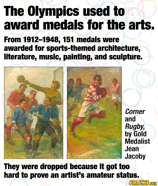 The Olympics used to award medals for the arts. From 1912-1948, 151 medals were awarded for sports-themed architecture, literature, music, painting, a