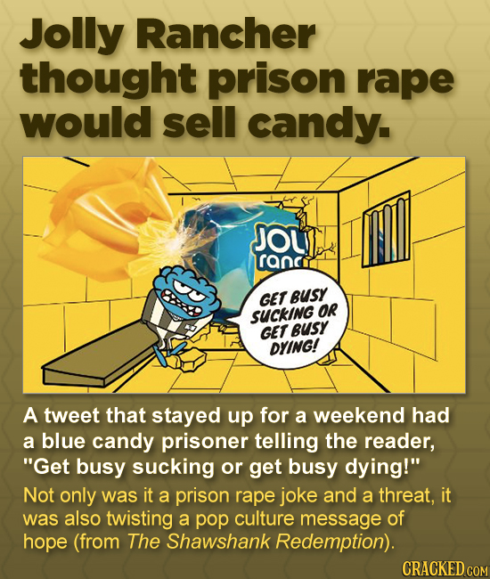 Jolly Rancher thought prison rape would sell candy. JOU ranci GET BUSY SUCKING OR GET BUSY DYING! A tweet that stayed up for a weekend had a blue cand