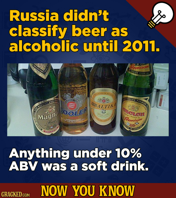 Russia didn't classify beer as alcoholic until 2011. arnicy OOLE oolon Magna R Ramivoe KECR Anything under 10% ABV was a soft drink. NOW YOU KNOW CRAC