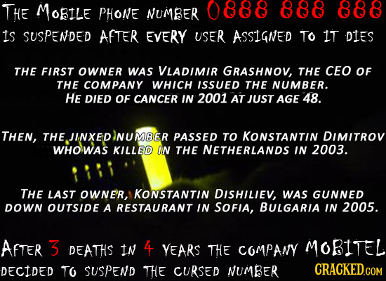 THE MoRILE PHONE NUMBER 0888 888 888 is SUSPENDED AFTER EVERY USER ASSIGNED TO IT DIES THE FIRST OWNER WAS VLADIMIR GRASHNOV, THE CEO OF THE COMPANY W