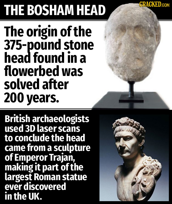 BOSHAM CRACKED.GOM THE HEAD The origin of the 375-pound stone head found in a flowerbed was solved after 200 years. British archaeologists used 3D las