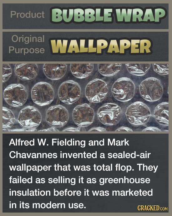 Product BUBBLE WRAP Original WALLPAPER Purpose Alfred W. Fielding and Mark Chavannes invented a sealed-air wallpaper allaporthia was toa n that was t