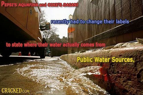 PEPSI'S AQUAFINA and COKE'S DASANI recentlyi had to change their labels to state where their water actually comes from Public Water Sources. CRACKEDCO