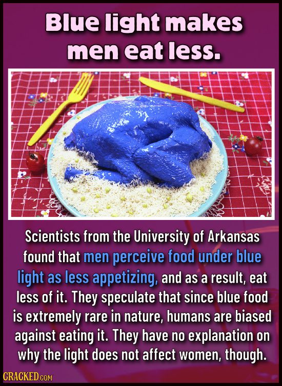 Blue light makes men eat less. Scientists from the University of Arkansas found that men perceive food under blue light as less appetizing, and as a r