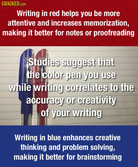 CRACKEDcO Writing in red helps you be more attentive and increases memorization, making it better for notes or proofreading Studies suggest that the c