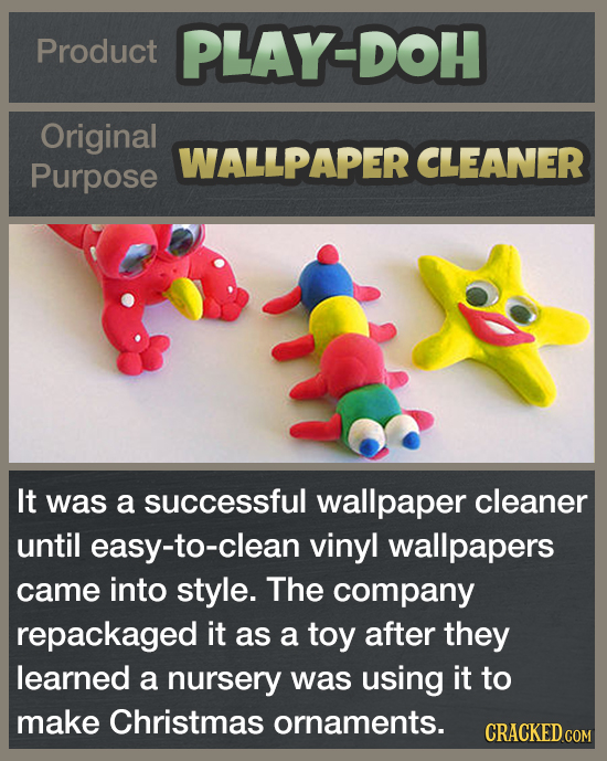 Product PLAY-DOH Original WALLPAPER CLEANER Purpose It was a successful wallpaper cleaner until easy-to-clean vinyl wallpapers came into style. The co