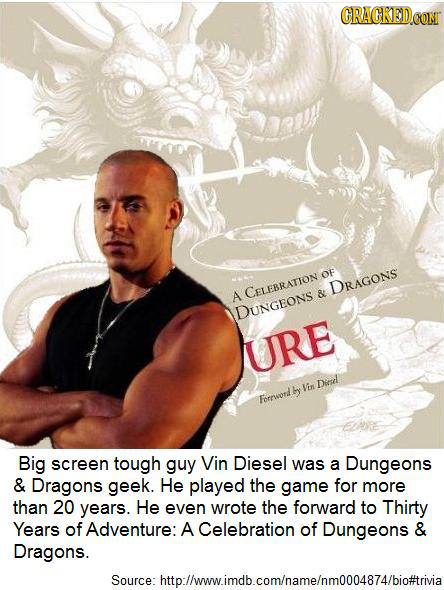 CRACKEDCON OF DRAGONS A CELEBRATTON & DUnGEONS URE Vin Dirsd Fornsord Big screen tough guy Vin Diesel was a Dungeons & Dragons geek. He played the gam