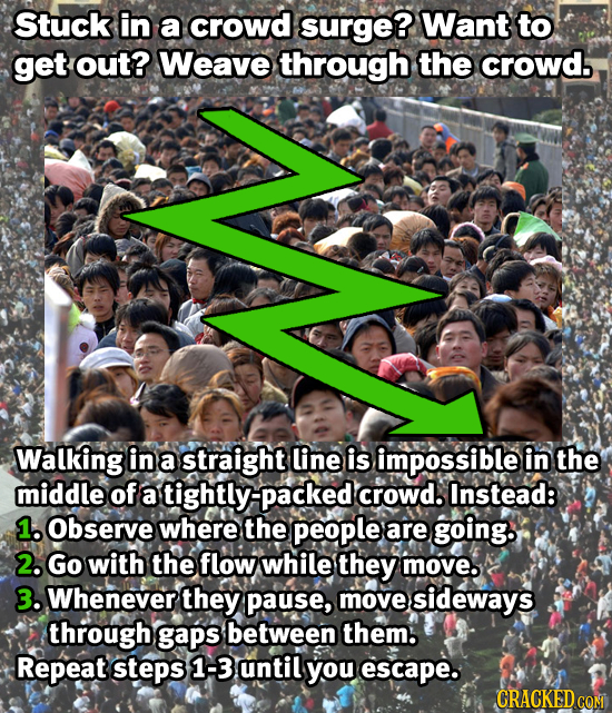 Stuck in a crowd surge? Want to get out? Weave through the crowd Walking in a straight line is impossible in the middle of a tightly:-packed crowd. In