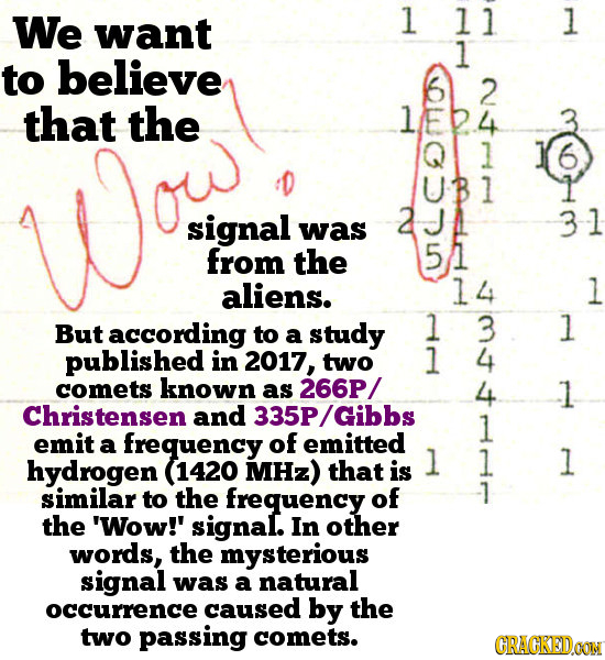 We want 1 ll 1 1 to believe 2 that the 1/E2 l UBl signal 3-1 was from the 5 aliens. ww 14 l according l But to 3 a study published in 2017, two 4 come