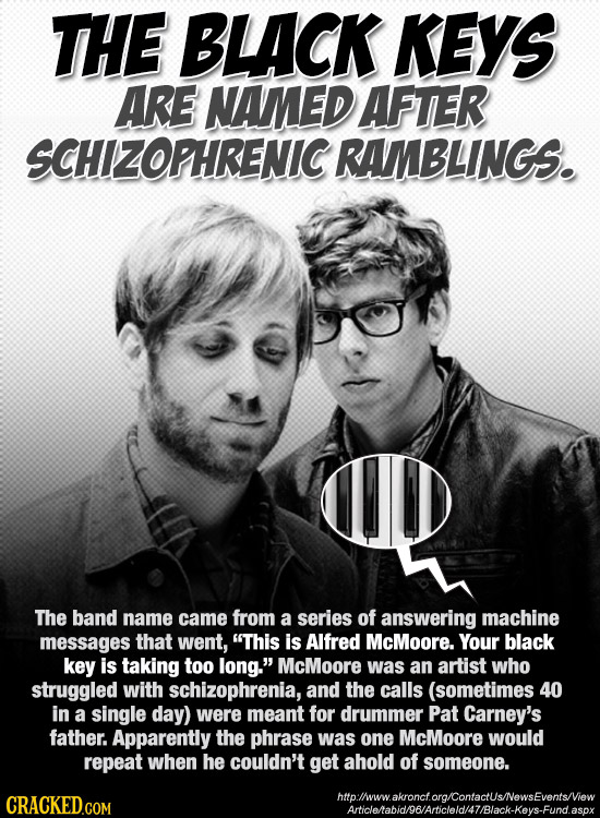 THE BLACK KEYS ARE NAMED AFTER SCHIZOPHRENIC RAMBLINGS. The band name came from a series of answering machine messages that went, This is Alfred McMo