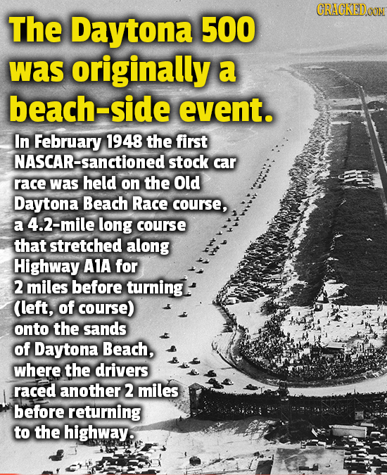 CRACKEDOON The Daytona 500 was originally a beach-sic event. In February 1948 the first NASCAR-Sanctioned stock car race was held on the Old Daytona B