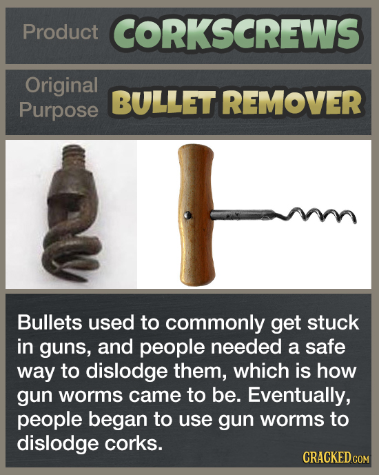 Product CORKSCREWS Original BULLET REMOVER Purpose Bullets used to commonly get stuck in guns, and people needed a safe way to dislodge them, which is