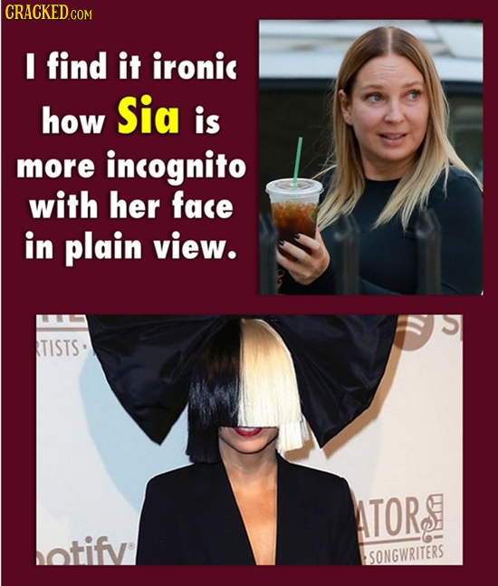 CRACKEDcO I find it ironic how Sid is more incognito with her face in plain view. TISTS TORS otifv SONGWRITERS