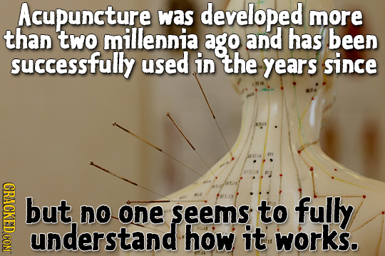 Acupuncture was developed more than two millennia ago and has been successfully used in the years since 2EL ESS CRACK but no one seems to fully understand how it works.