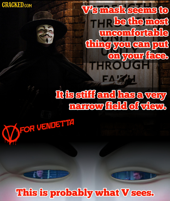 CRACKEDcO V's mask seems to THR be the most uncomfortable thing you can put on your face. THROUGH FADZA It is stiff and has a very narrow field of vie