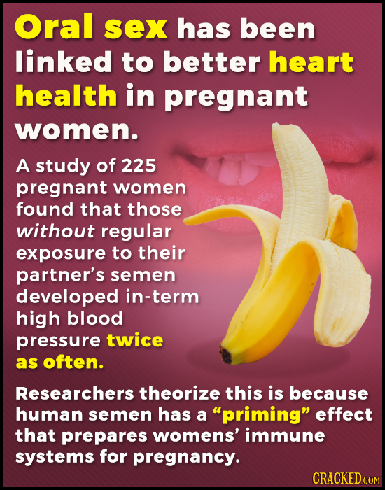 Oral sex has been linked to better heart health in pregnant women. A study of 225 pregnant women found that those without regular exposure to their pa