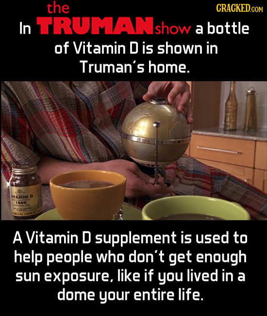 the CRACKED.COM In TRUMAN show a bottle of Vitamin D is shown in Truman's home. AMIN D 60 A Vitamin D supplement is used to help people who don't get