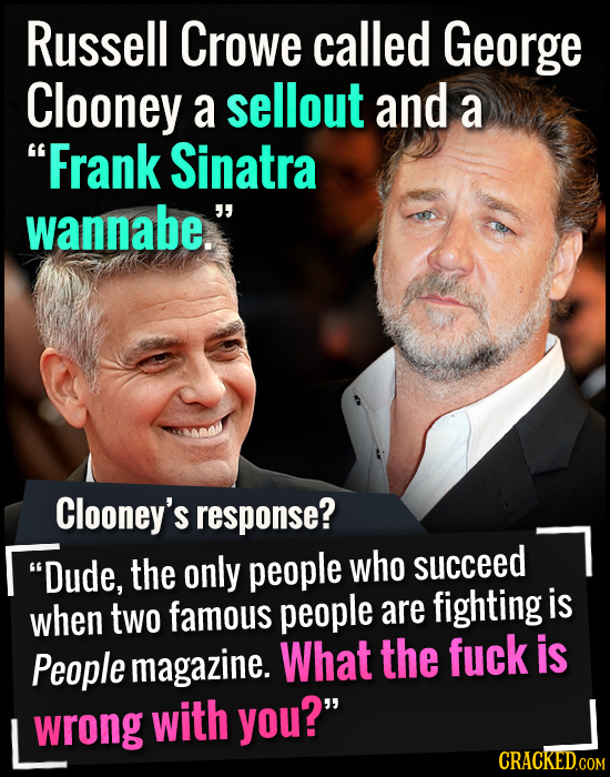 Russell Crowe called George Clooney a sellout and a Frank Sinatra wannabe. Clooney's response? Dude, the only people who succeed when famous is two