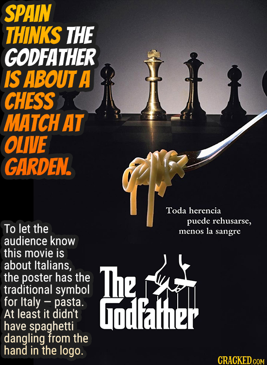 SPAIN THINKS THE GODFATHER IS ABOUTA CHESS MATCH AT OLIVE GARDEN. Toda herencia puede rehusarse, To let the menos la sangre audience know this movie i