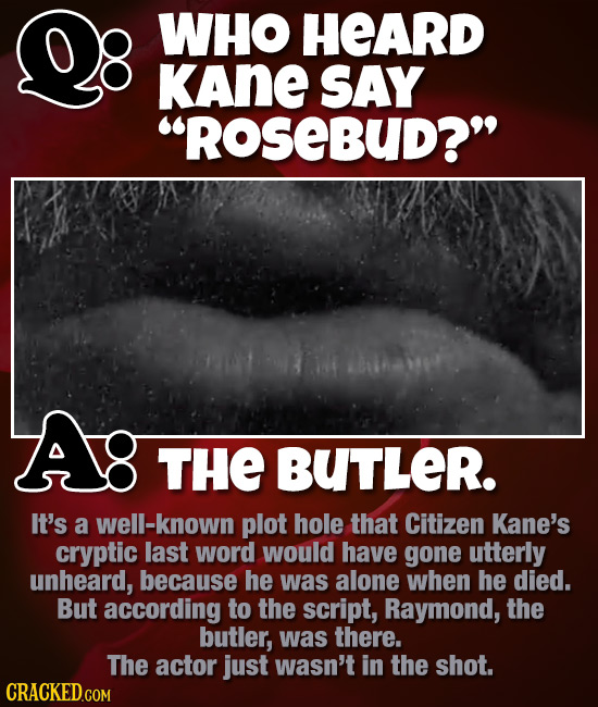 WHO HEARD KAne SAY ROSeBUD? THE BUTLER. It's a well-known plot hole that Citizen Kane's cryptic last word would have gone utterly unheard, because h