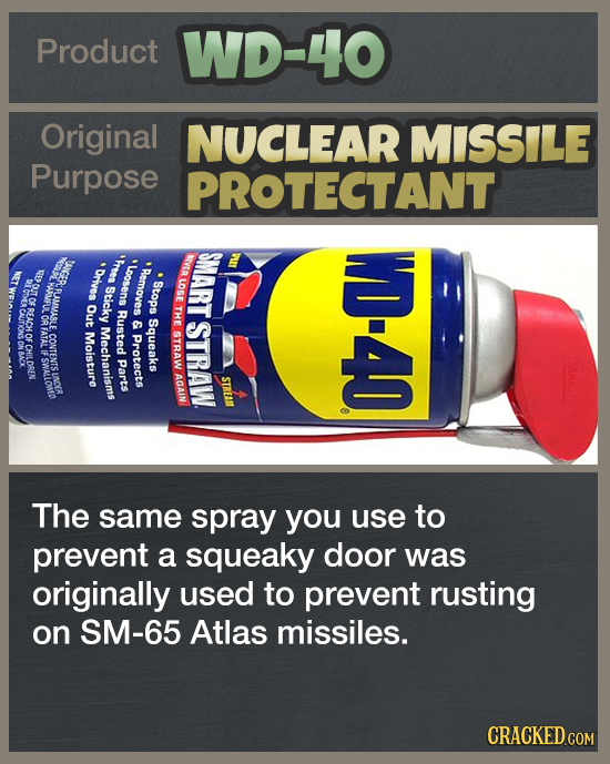Product WD-40 Original NUCLEAR MISSILE Purpose PROTECTANT SMART PIT NOI UGER Fress Orves *Loosens EE Remaves WD-40 LAMP LOSE RUMMABL Sticky Stops OF C