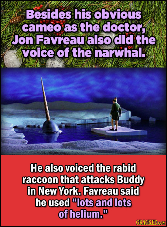23 Son Of A Nutcracker Facts About The Christmas Classic Elf - Besides his obvious cameo as the doctor, Jon Favreau also did the voice of the narwhal.