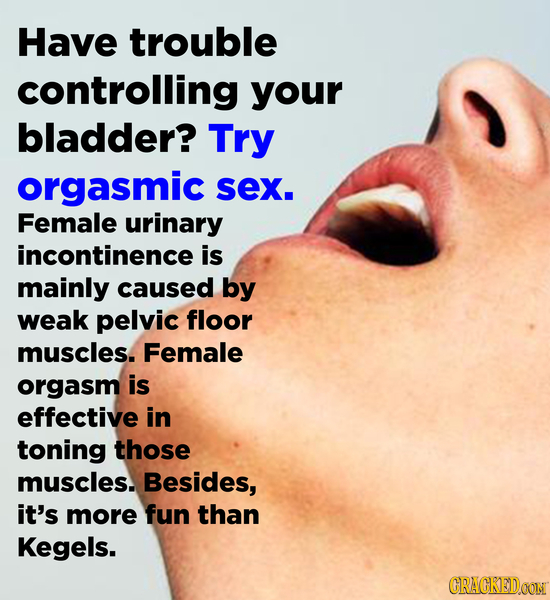Have trouble controlling your bladder? Try orgasmic sex. Female urinary incontinence is mainly caused by weak pelvic floor muscles. Female orgasm is e
