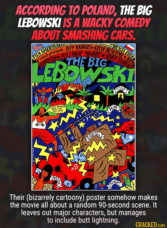 ACCORDING TO POLAND. THE BIG LEBOWSKI IS A WACKY COMEDY ABOUT SMASHING CARS. BRACIA IEFF BRIDGES* MOOKEJIOIN BUSCEM COEN olownych: IULIANNE JOFN FILMA
