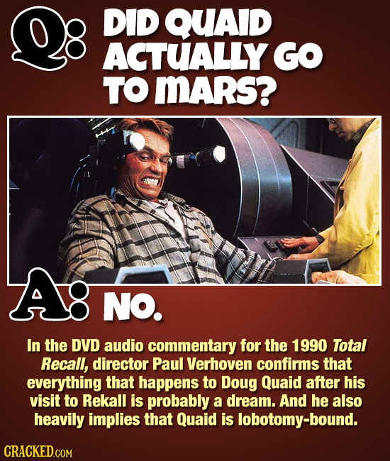 DID QUAID ACTUALLY GO TO MARs? Ag NO. In the DVD audio commentary for the 1990 Total Recall, director Paul Verhoven confirms that everything that happ